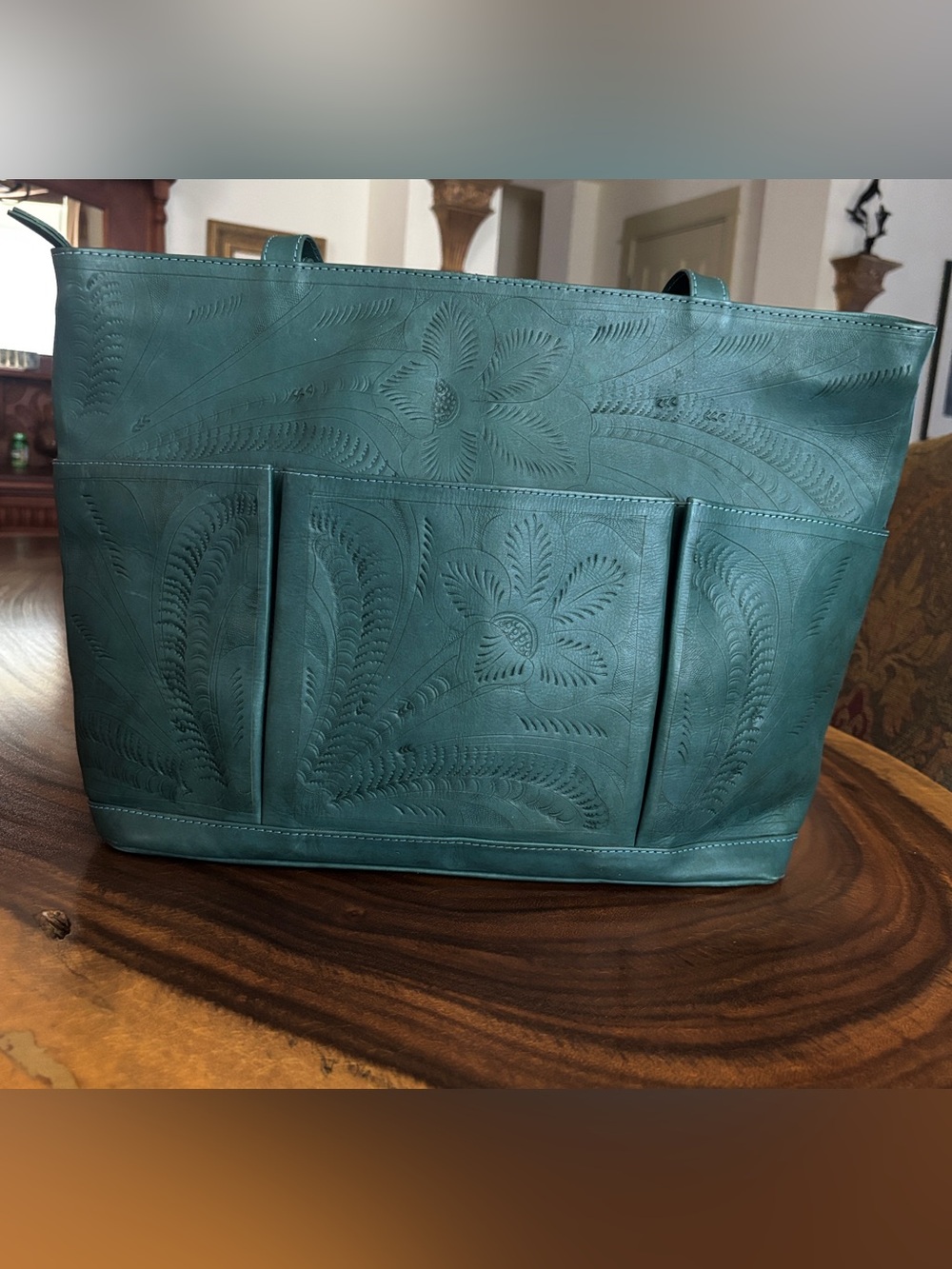 J L Saldivar Tooled Leather Shoulder Bag Tote Deep Teal Green - Gorgeous!